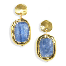 Load image into Gallery viewer, Blue stone earrings made from gold with circular shape, featuring beautiful natural kyanite stones dangling from flat coin studs.
