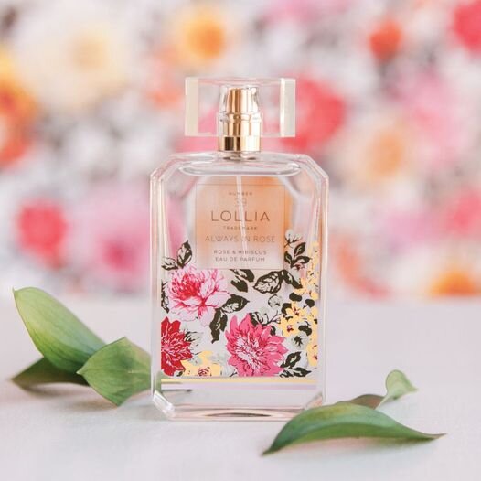 Lollia’s Always In Rose Eau de Parfum: Enchanting Blushing Rose and tranquil Hibiscus blend in warm Amber rays.
