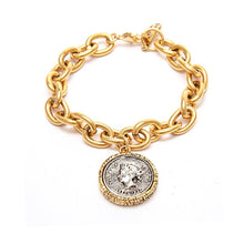 Load image into Gallery viewer, Timeless two-tone Roman coin bracelet, 22K antique gold plated, handcrafted in New York, enhances any ensemble beautifully.
