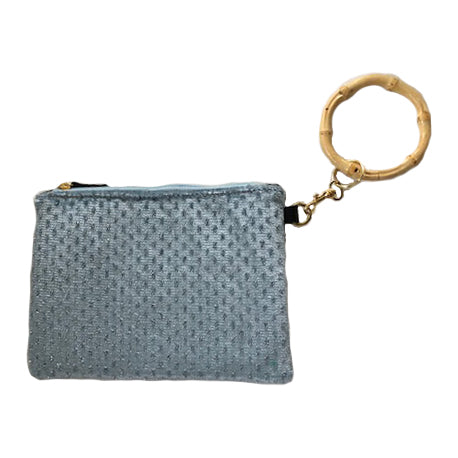 Elegant baby blue wallet with gold chain, bamboo ring, and detachable swivel. Violet: Silver Fleck.