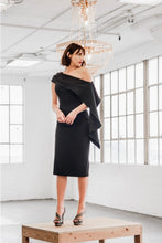 Load image into Gallery viewer, Black one-shoulder overlay Delilah Cocktail Dress for daring risk-takers. Modern design, stunning silhouette, make a bold entrance!
