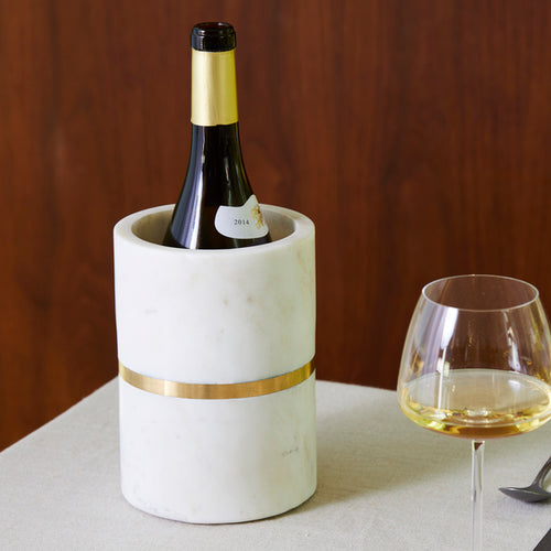 Single bottle wine cooler with agra white marble design and brass accents, perfect for stylish dinner parties.